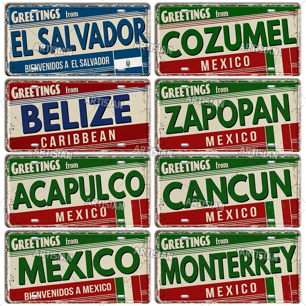 Artisian MEXICO COSTA RICO BELIZE Honduras Landmark License Plate City State Decorative Car Plate Latin America Metal Plaque