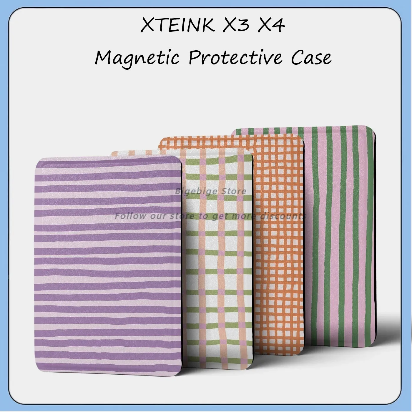 For XTEINK X3 X4 E-Ink Ebook Reader Magnetic Protective Folio Case Classic Stripe‑Print Magnetic Detachable Clear TPU Cover Gift