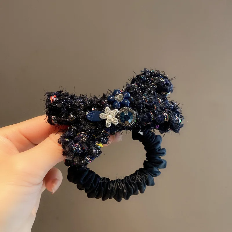 

High-End Korean Retro Autumn Winter Dark Blue Tweed Bow Hair Tie for Women Fashionable and Exquisite Back of Head Hair Tie