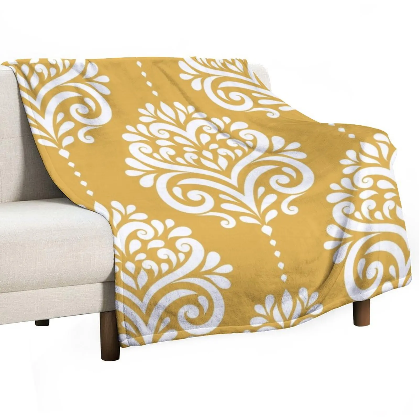 White royal damask on with a beautiful mustard background. Decorative floral pattern. Vintage ornament elements. Throw Blanket