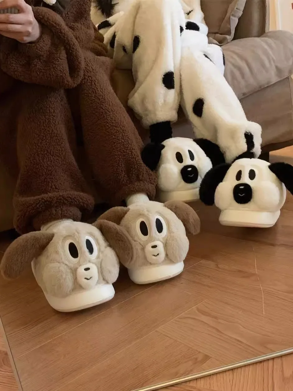 Fun Cartoon Puppy Cotton Slippers For Men And Women  Winter Couple Home Slippers Velvet Warmth Half Pack Heels