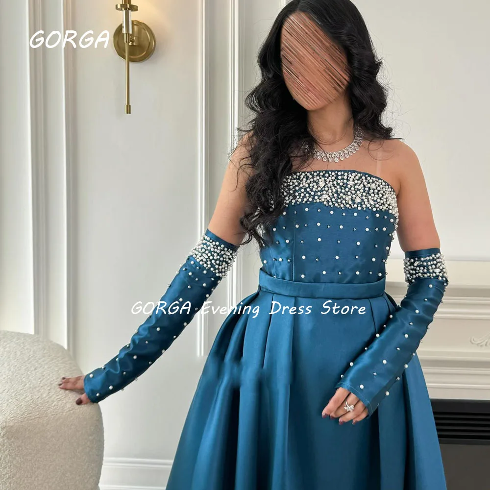 GORGA Strapless Beading Long Sleeve 2024 Slim Satin A-LINE Ocassion Gown Floor-Length Evening Dress فستان سهرة نسائي