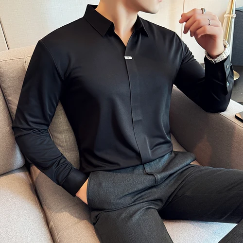 Camisa POLO sin marcas con cuello en V de alta elasticidad, nueva camiseta informal de manga larga de Color sólido para negocios, ropa para hombre 2024