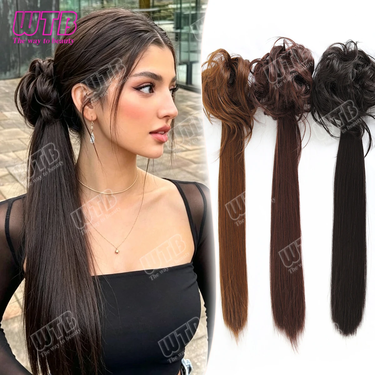 Claw Clip Messy Bun Hair Piece - وصلة شعر صناعية طويلة ومستقيمة للنساء،