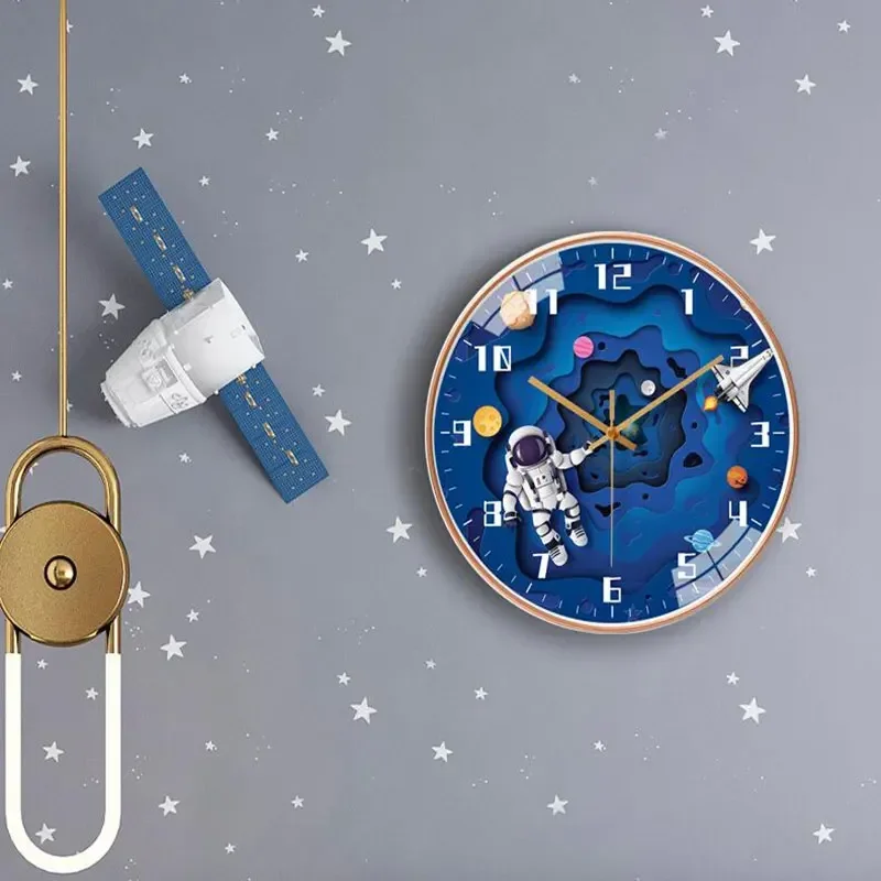 8/12 Inch Cartoon Wall Clock Children Bedroom Silent Second Electronic Astronaut Exploration Room Decoration Quartz Home Decor