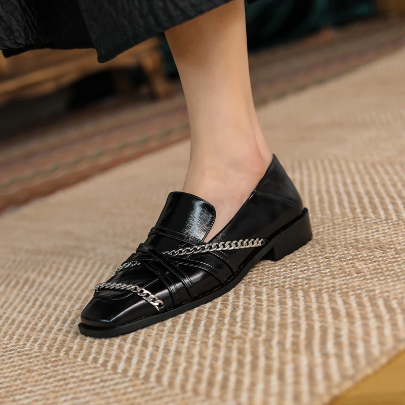 Luxury 2024 New Womens Spring Shoes Casual Low Heeled Comfortable Pure Square Head Black Plus Size Leisure Lefu Womens Shoes