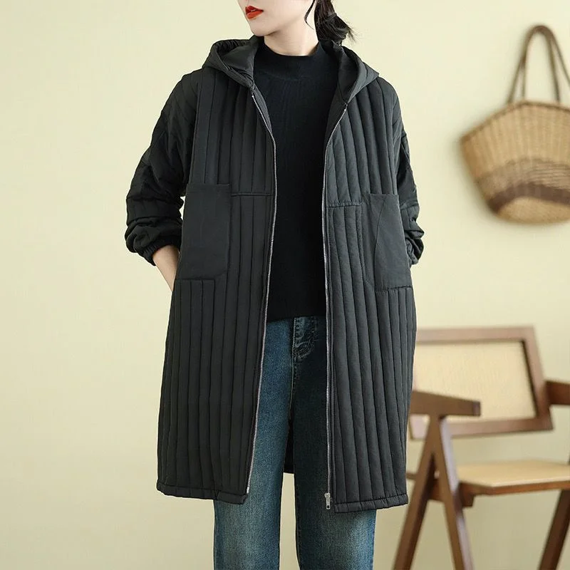 Autumn New Big Pocket Solid Color Padded Hooded Fashion Coat Plus Size Women\'s Joker Long Light Thin Cotton-Padded Coat