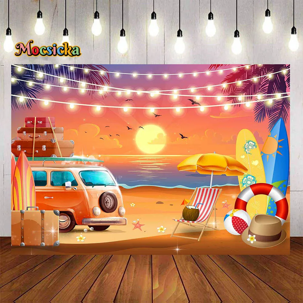 Hawaii Beach Holiday Party Background Summer Seaside Bus Surfboard Glitter Light Backdrop Decor Kids Birthday Portrait Photozone