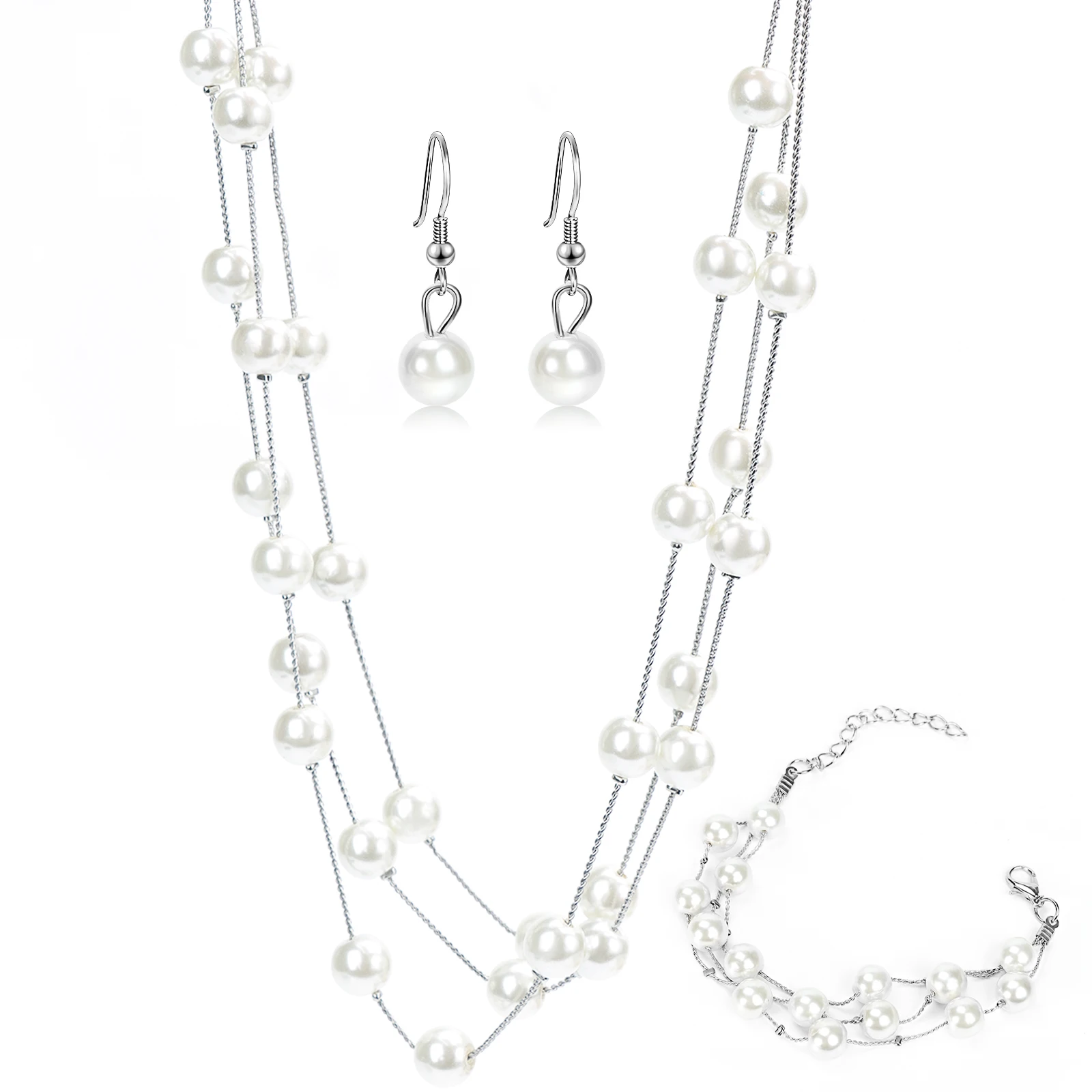 Pérola Colar Brinco e Pulseira Set, Camadas