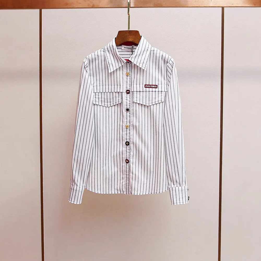 

High-End Women's Casual Stripe irt Color Blo oulder Long Sve Flip Collar Faionable Autumn New Sle Versatile irt