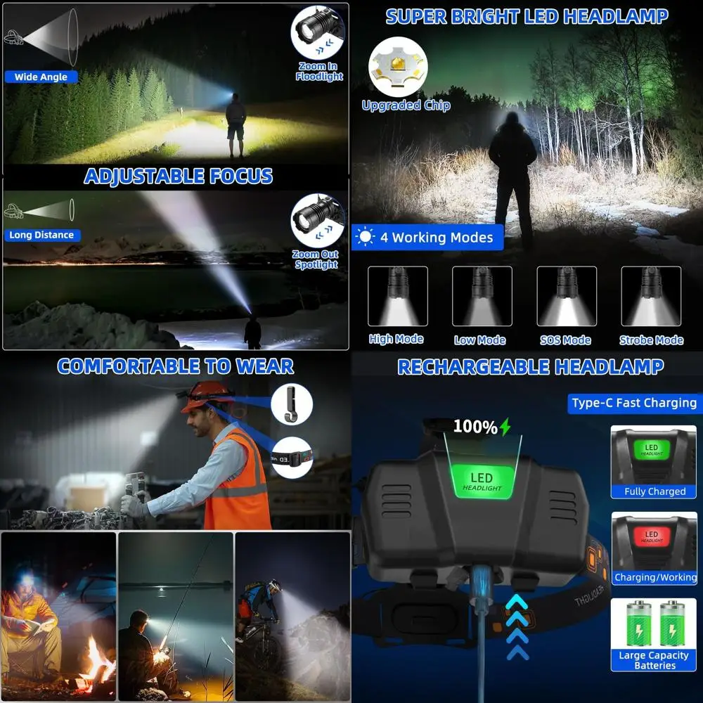 

Набор из 4 перезаряжаемых светодиодных налобных фонарей с регулируемым фокусом, 4 режимами и 90 [унитиб] (непонятное слово, возможно, ортопографическая орфография) ° Наклонная платформа для походов и промышленного использования