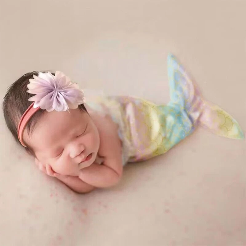 

K5DD Baby Mermaids Sleepsack Цветочная повязка на голову наряд для фотосессии Новорожденный душ подарок