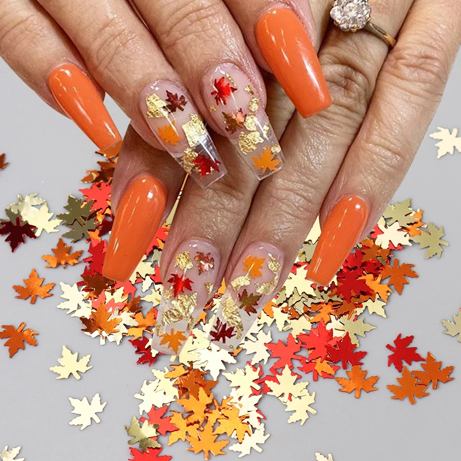 1 Packung gemischte farbige Ahornblatt-Herbst-Nagelkunst-Pailletten, goldene orange-rote Blätter, Nagel-Charms, Dekorationen, Maniküre-Dekoration