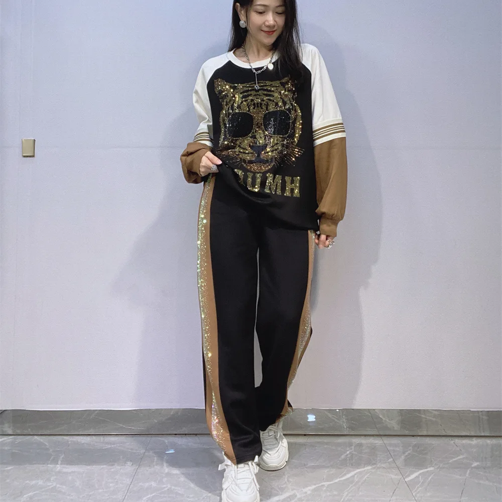 

Осенние комплекты из двух предметов, женские наряды, лоскутный спортивный костюм с длинными рукавами, повседневные брюки с тигровым бриллиантом и принтом по бокам, вязаные женские брюки