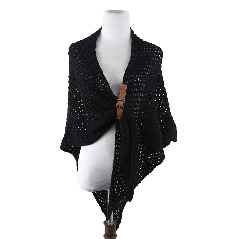 Autumn Winter Women's Versatile Shawl Thickened Warm Knitted Scarf Shawl Cloak Multifunctional Ponchos Capes Black