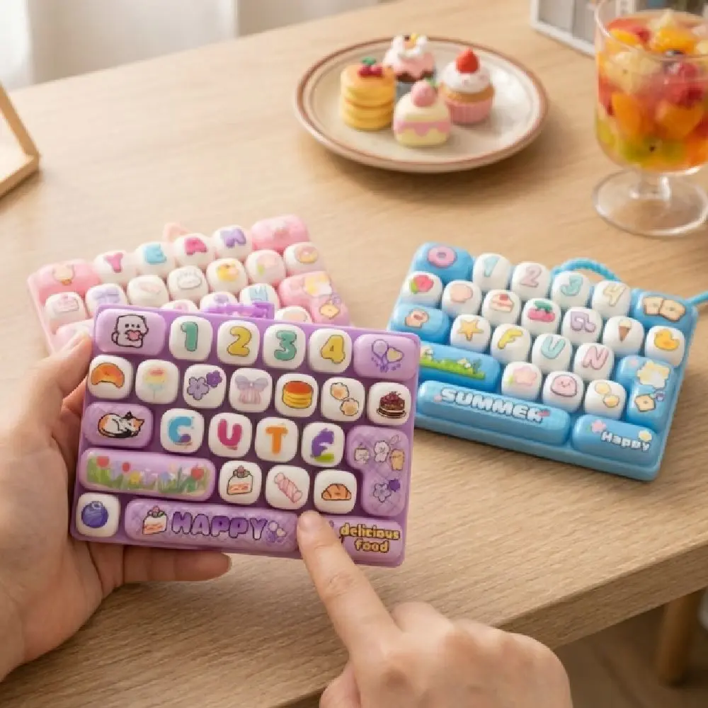 Cartoon 26 Key Keyboard Keychain Plastic Clickable Keys Mechanical Fidget Keyboard Clear Key Sounds Animal Patterns