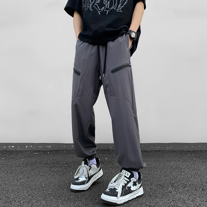 Men's Clothing Spring Autumn Solid Color Zipper High Waist Pockets Elastic Trousers Cargo Bloomers Drawstring Office Lady Pants