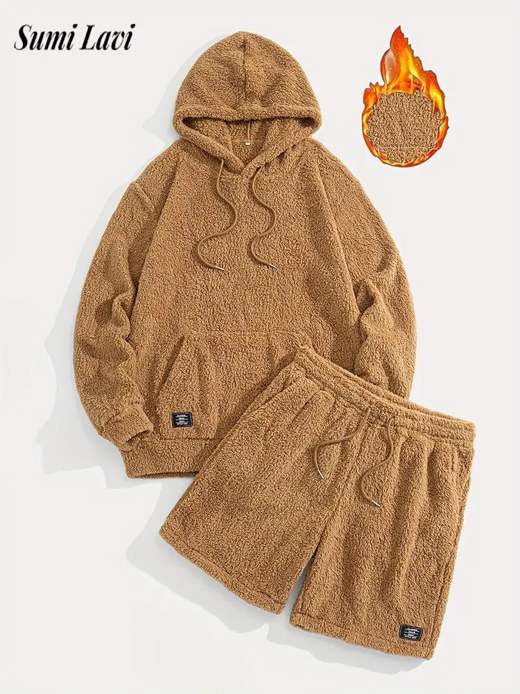 

Повседневные уютные флисовые комплекты из двух предметов, мужские осенне-зимние винтажные однотонные меховые толстовки и шорты, мужские спортивные костюмы