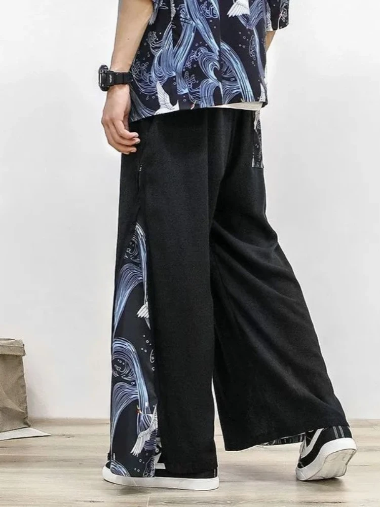 Sommerliche chinesische Eisseide Weite Hosen für Herren mit Taillengürtel, plissiert, lässig, Strand, Oversize, Harajuku Streetwear, Neu, Baumwolle Leinen – Detail 4