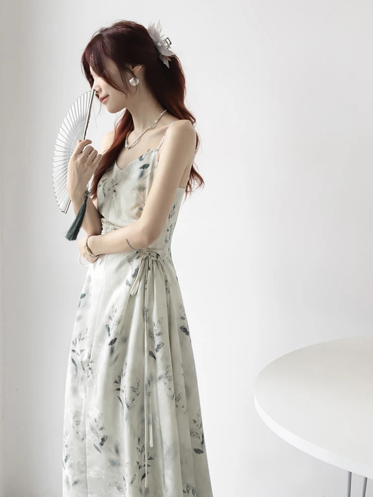 

New Chinese Sle Ele Artistic Floral Print Texture Silk Satin Pleated Belted Summer Dr MZOMXO Wrap Gown Maxi Dr