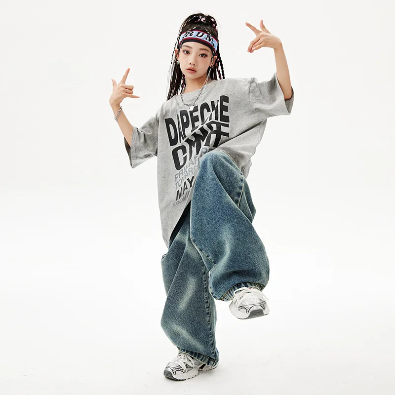 Mädchen Jungen Hip Hop Ballsaal Tanz kostüme 4 Kinder grau T-Shirt blau Jeans Jeans Hosen Jazz Tanz Outfits Kind Bühne Tanz kleidung