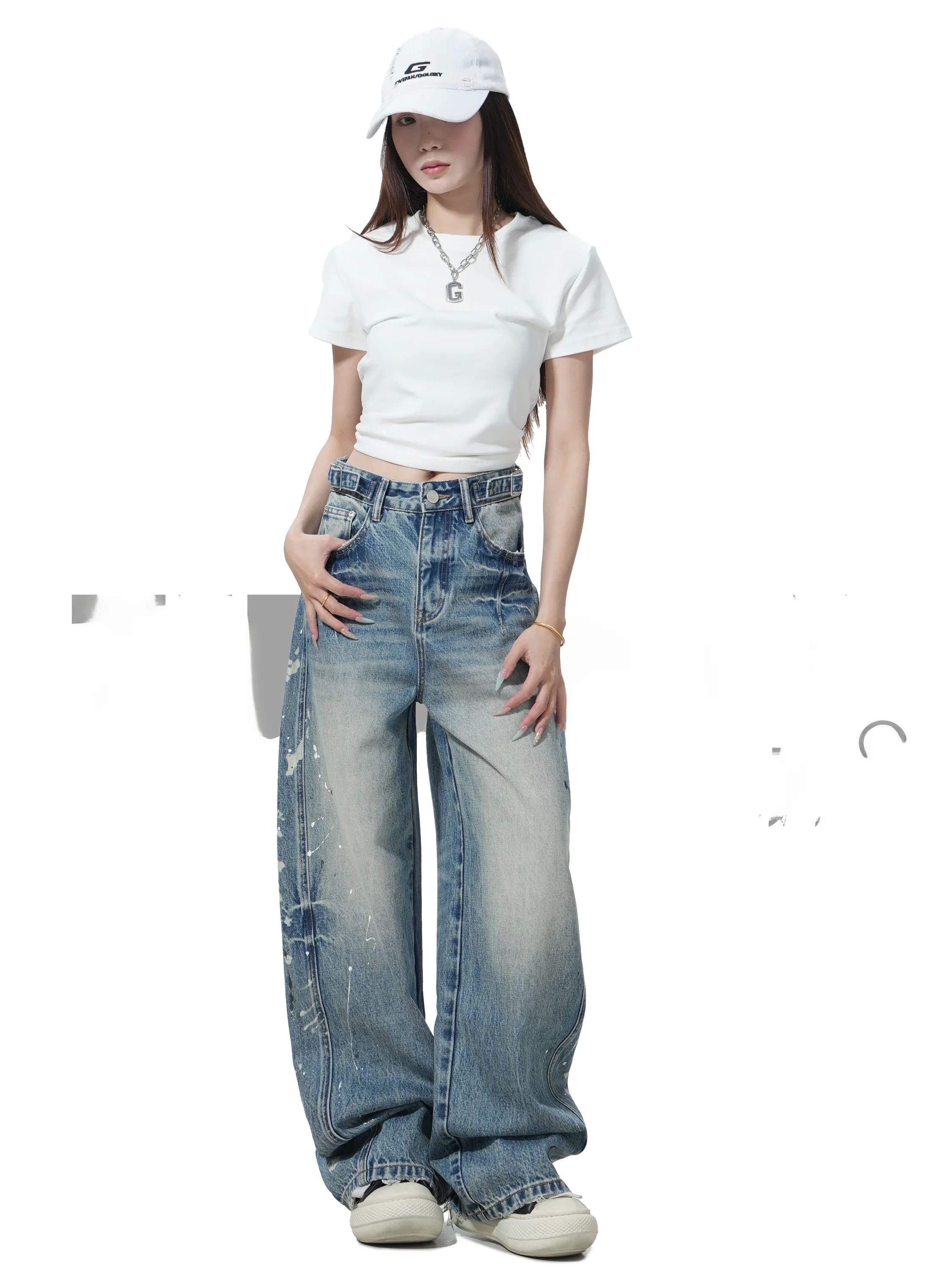 

High Waist Dyeing Design Street Graffiti Luxury Retro Series Wide Leg Pants ZUOLALI American Retro Style Cotton Denim Jeans