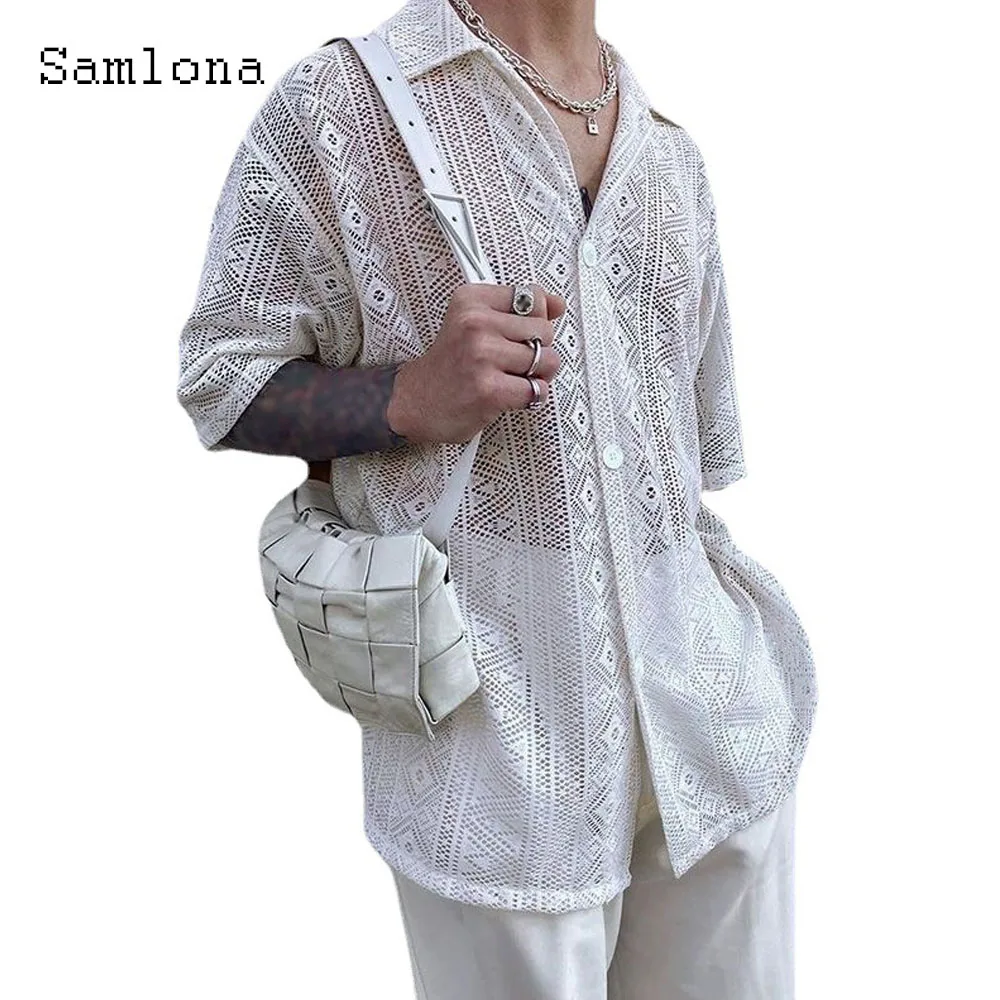 2024 Summer New Knitting Blouse Solid White Lace Shirt Men's Hollow Out Beach Top Cardigans Plus Size Men Lepal Collar Knitwear
