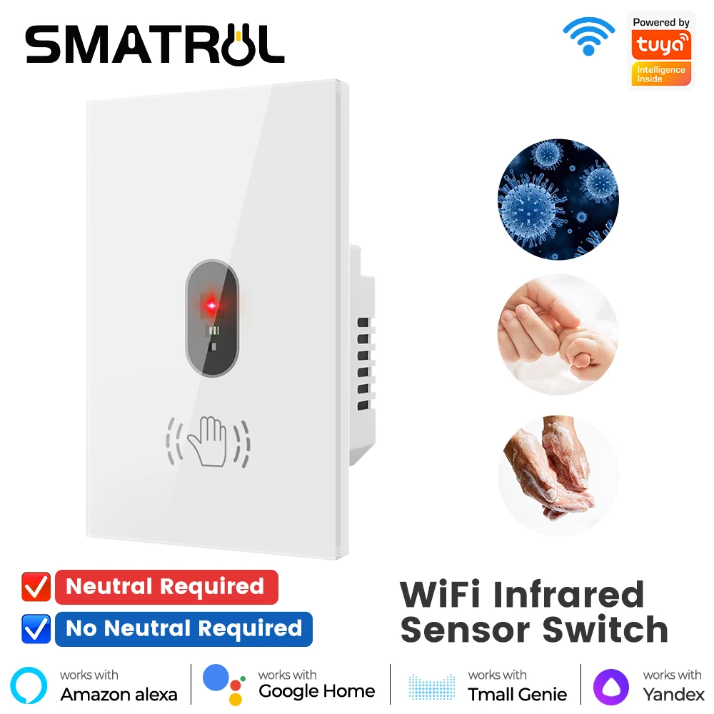 

Tuya WiFi Hand Wave Smart Switch Infrared Touchless Light Switch Single Live Wire Neutral Compatible Smart Life Alexa Google Hom