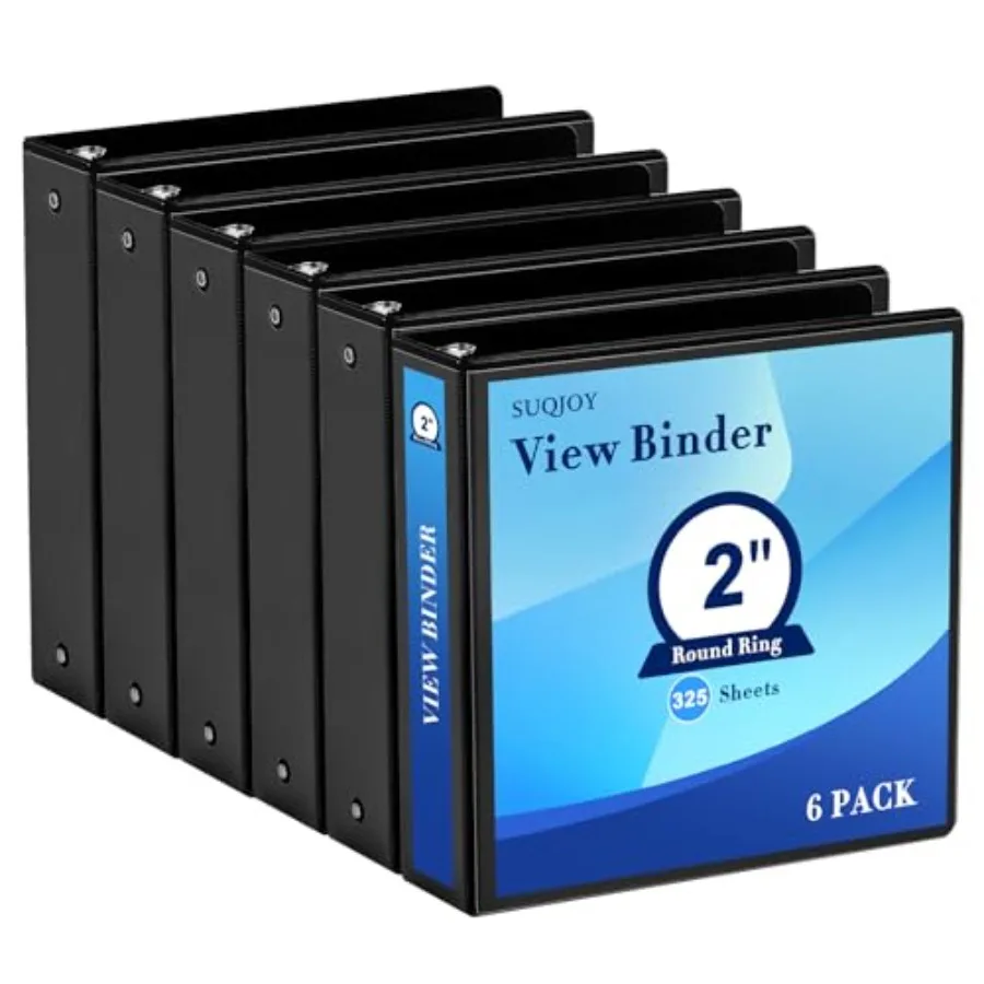 

2 Inch 3-Ring Binder 2" Round Ring Binder with 2 Inside Pockets 6 Pack Black Binders Clear View Cover Holds Up to 450 Sheets 8.