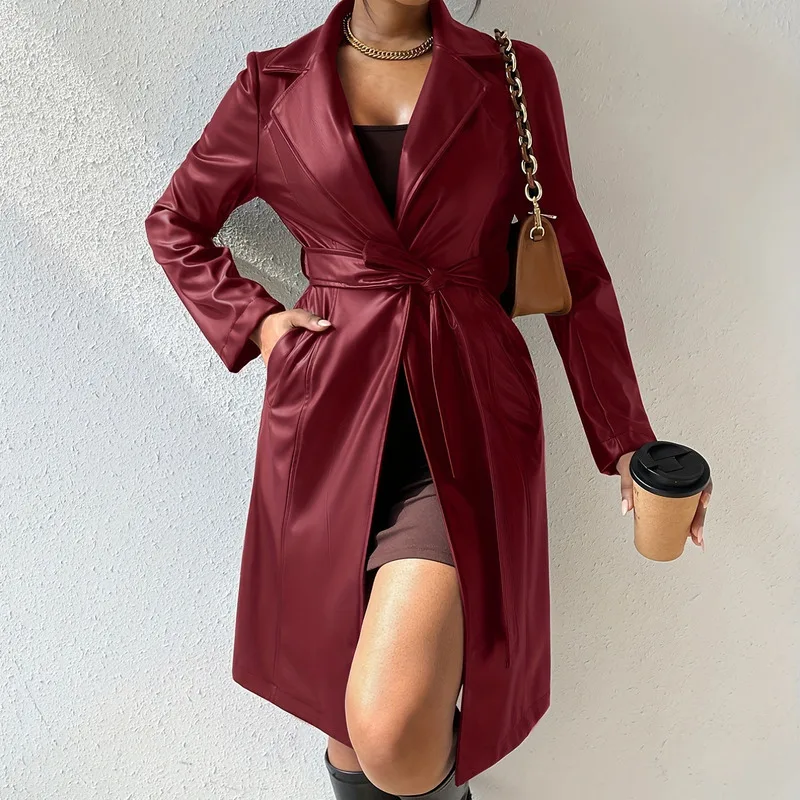 Trendy Women Vintage Going Out Belted Longline Solid Turn-Down Collar PU Leather faux leather coat Party Wear  outerwear & coats