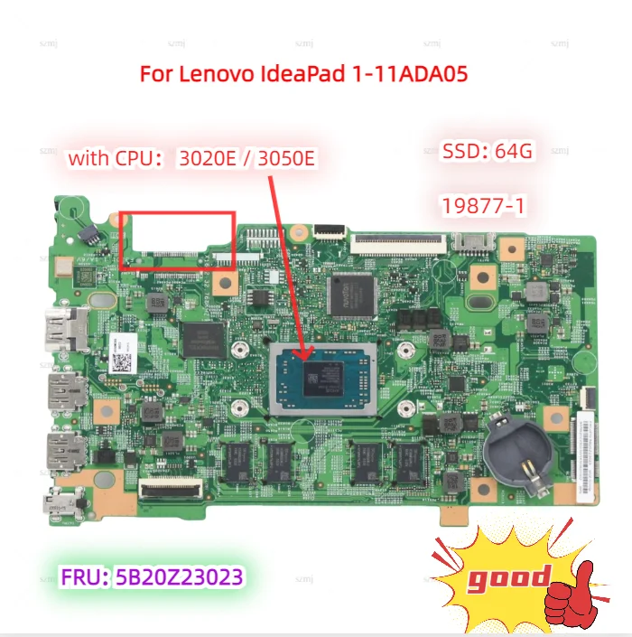 Los für Lenovo Ideapad 1-11ada05 Laptop-Motherboard Fru: 5 b20z23023 139363-1 mit CPU 3020e/3050e uma ssd 64g 82gv 19877 Testa rbeit