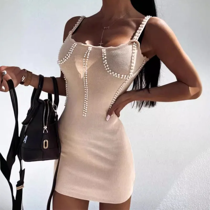 New 2024 Spring Summer Dress Women's Sexy Slim Solid Color Embroidered Flares Dress Women's Fashion Spaghetti Strap Mini Dress