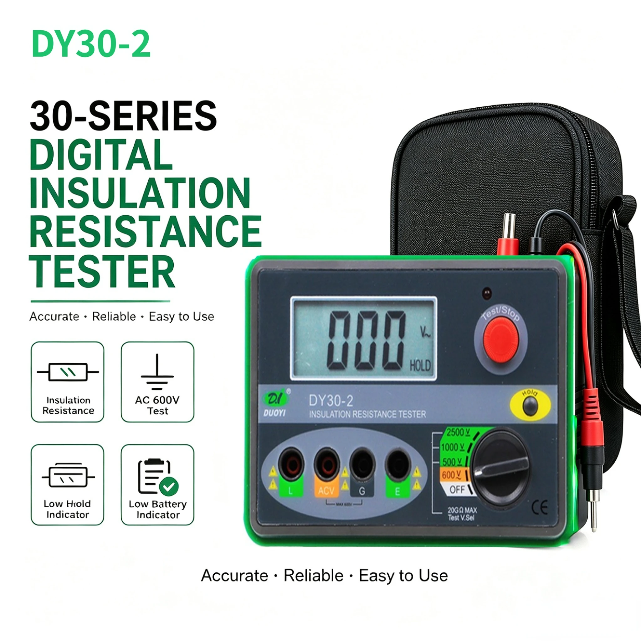 Digital Insulation Resistance Tester 15V-2500V 20GΩ AC600V Auto-Range Data-Hold Low-Battery for Motor Cable Transformer CE