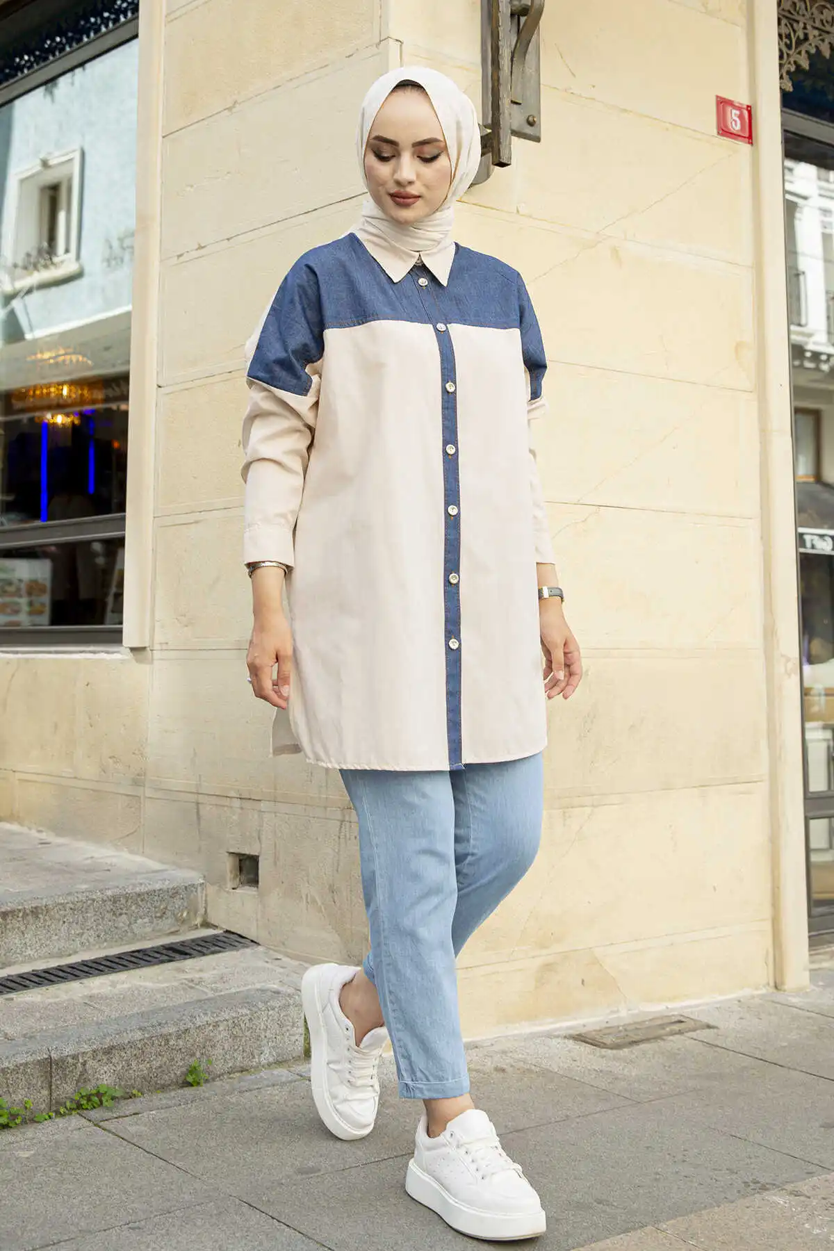 Denim Shirt E-Beige Winter Autumn 2021 Muslim Women Hijab headscarf Islamic Turkey