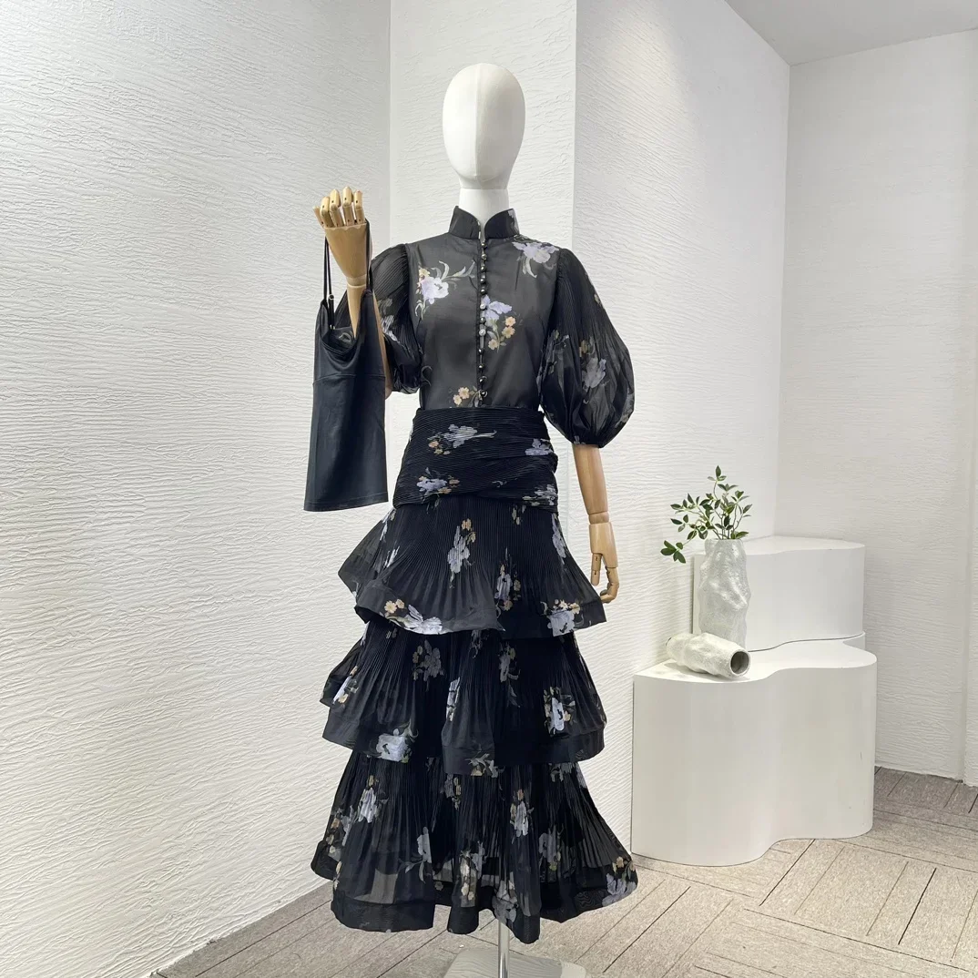 Black 2024 New Fall Floral Print Puff Half Sleeves Blouse Tops and Overlay Cascading Pleat Midi Skirt Women Vintage Holiday Set