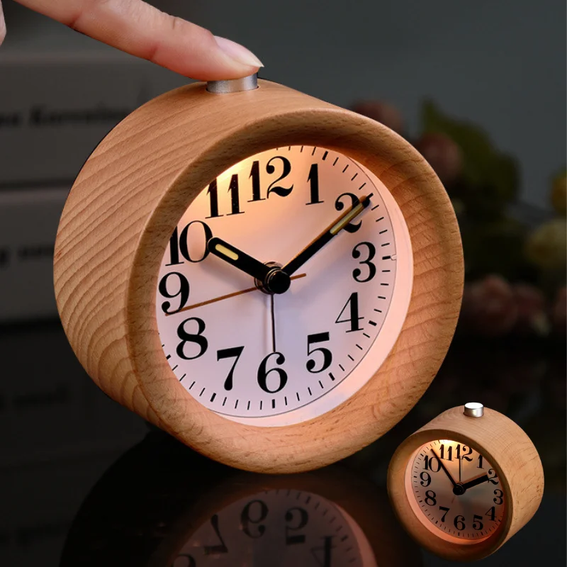 

Wooden Clock Handmade Classic Small Round Wood Silent Light Desk Alarm Clock With Desk Lamp for Home dropshipping