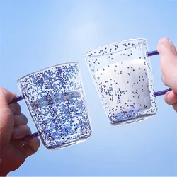 300ml Double Wall Starry Sky Glass Mug With Handle Coffee Milk Cup Bubble Star Glitters Fillings Tea Juice Water Glass Drinkware