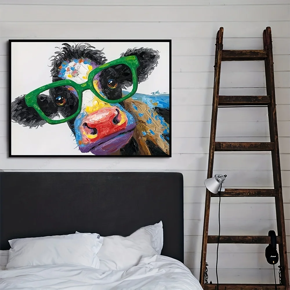1pc frameless 1pc Colorful Graffiti Cow with Large Green Glasses Canvas Painting Wall Art Poster Farm Animal Kids Room Home Deco - view 4