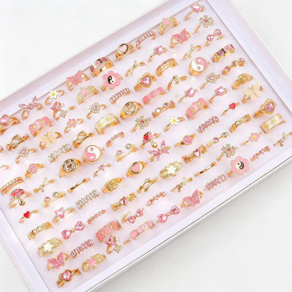 10/20/30/50Pcs/Lot Fashion Sweet Cute Shiny Rhinestone Rings For Women Charm Heart Butterfly Stackable Mix Style Jewelry Party