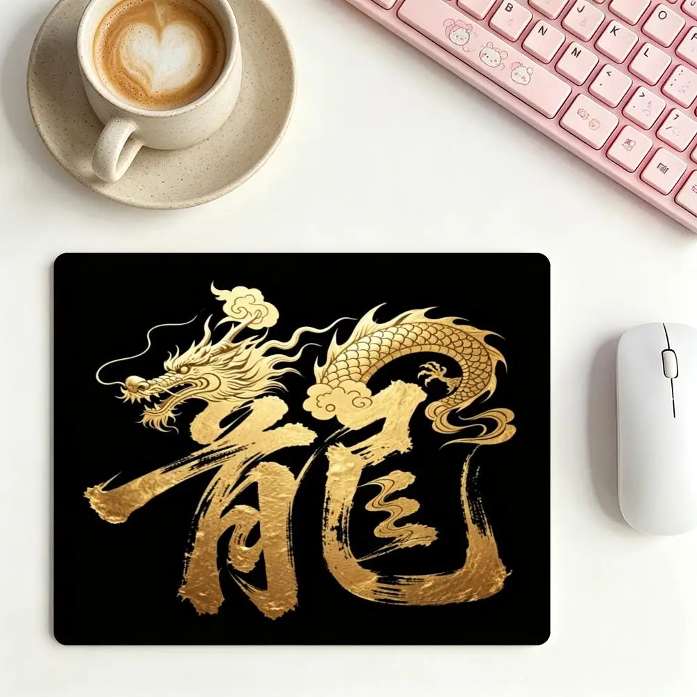 Luxury Golden Chinese Dragon Character Calligraphy On Solid Black Playmat Suit Large Size Laptop Office Game Card Pad