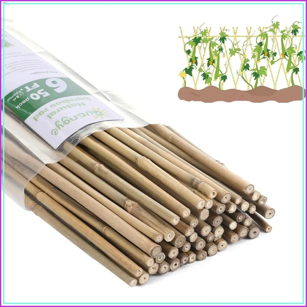Natural Bamboo Garden Stakes 6ft, 50-Pack for Tomato, Beans, Vegetables & Climbing Plants, Indoor/Outdoor Support