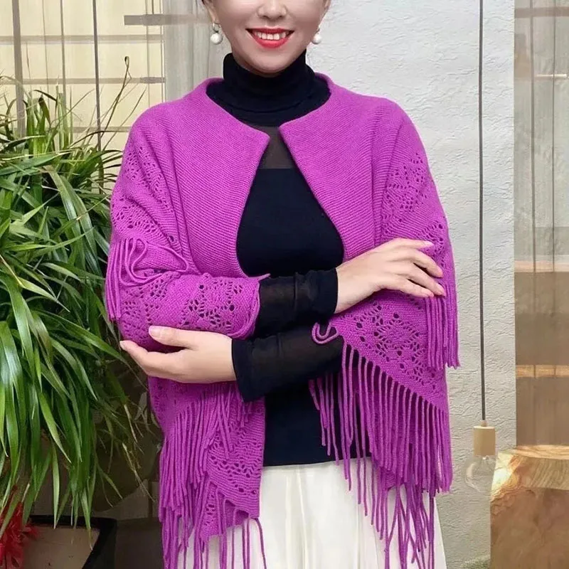 

AutumnWinter Versatile Shawl Women Solid Color Hollowed Out Knitted Cardigan Jacket Mother Long Tassels Cape Knitting Bib Scarf