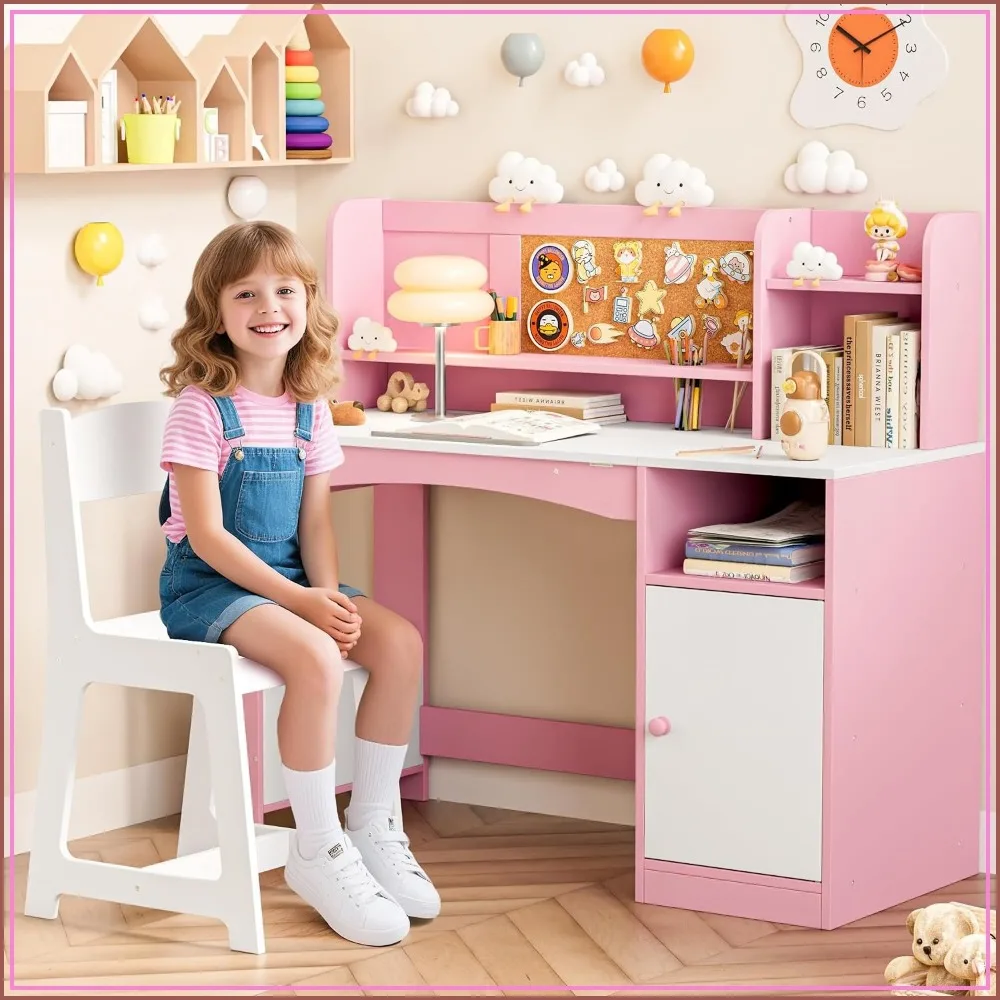 43In Kids Study Desk with Chair, Tiltable Desktop, Storage, Wooden, Pink for 5-12 Girls