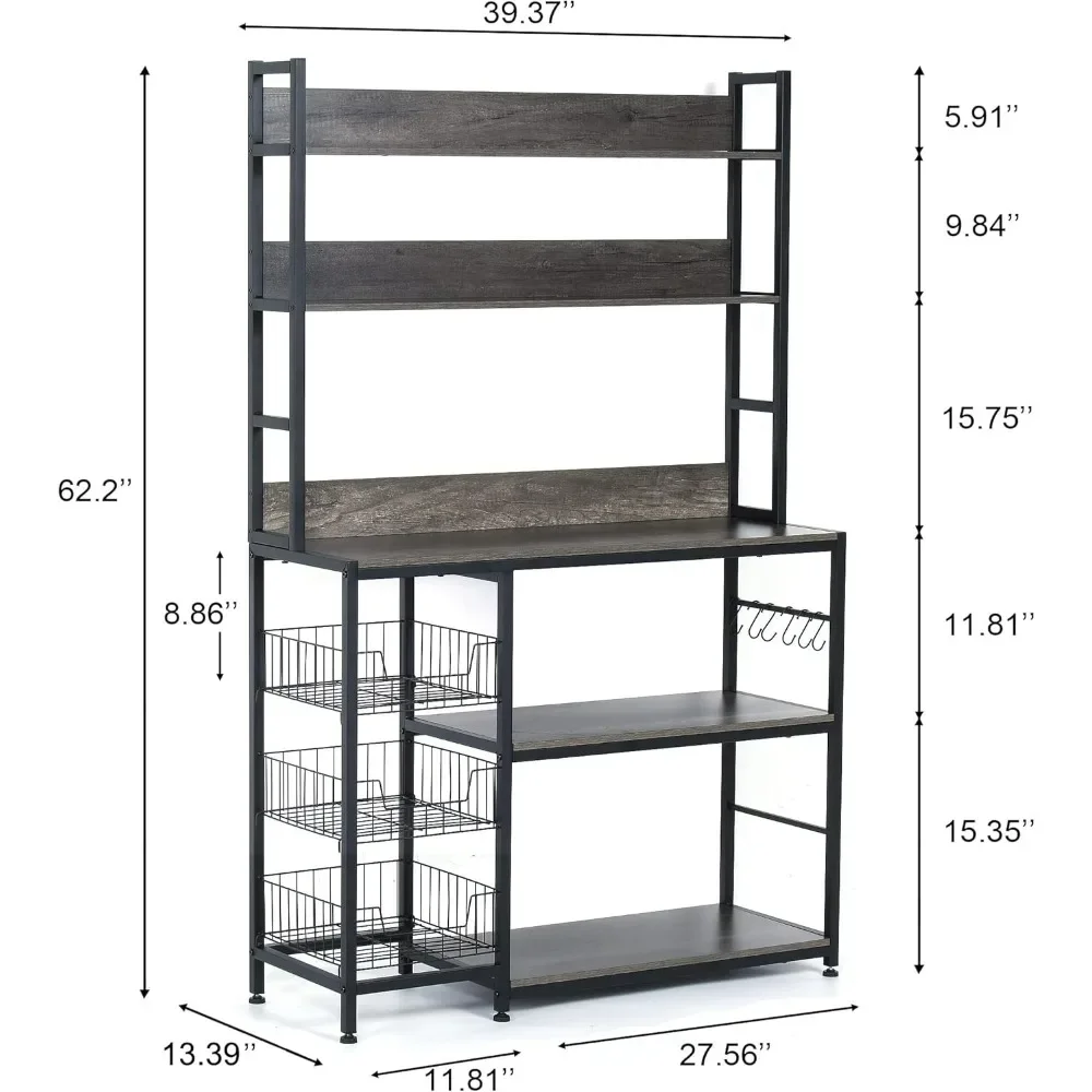 Kitchen Bakers Rack with Baskets,Free Kitchen Shelf,5-Tier Kitchen Utility Storage Shelf with Hooks, Microwave Oven Stand Rack