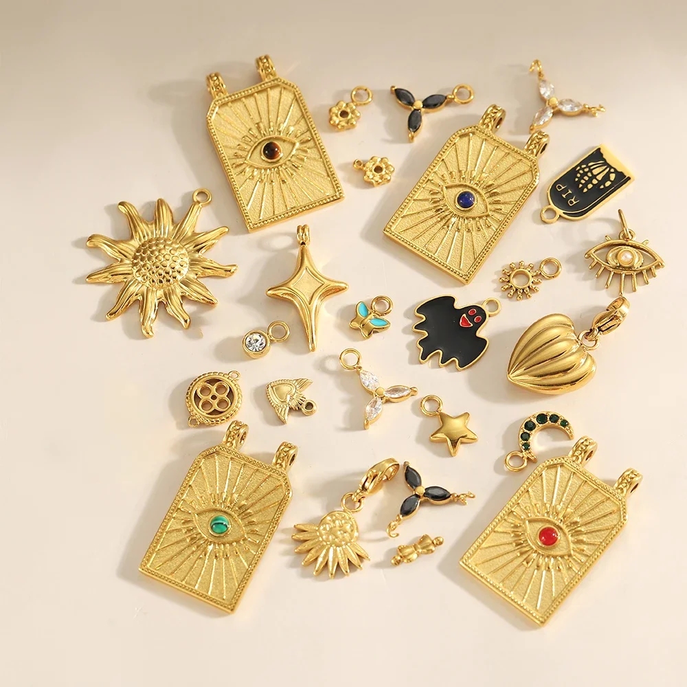 3 STÜCK/SET CARLIDANA Vintage Luxus Edelstahl Naturstein Sternauge Sonnenblumen Anhänger Charms für DIY Schmuck