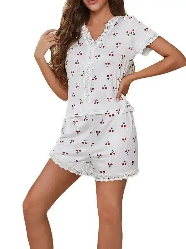 純粋な欲望スタイルの女性のパジャマ秋夏セクシーな V ネックレースチェリープリント Tシャツスリムフィット半袖ショーツセット G4J7