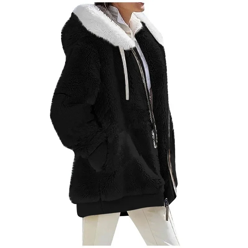 Winter Clothes Women Warm Fleece Coat 2023 Autumn Fashion Long Sleeve Hooded Black Zipper Jacket Woman Casual Thick Plush Jacket