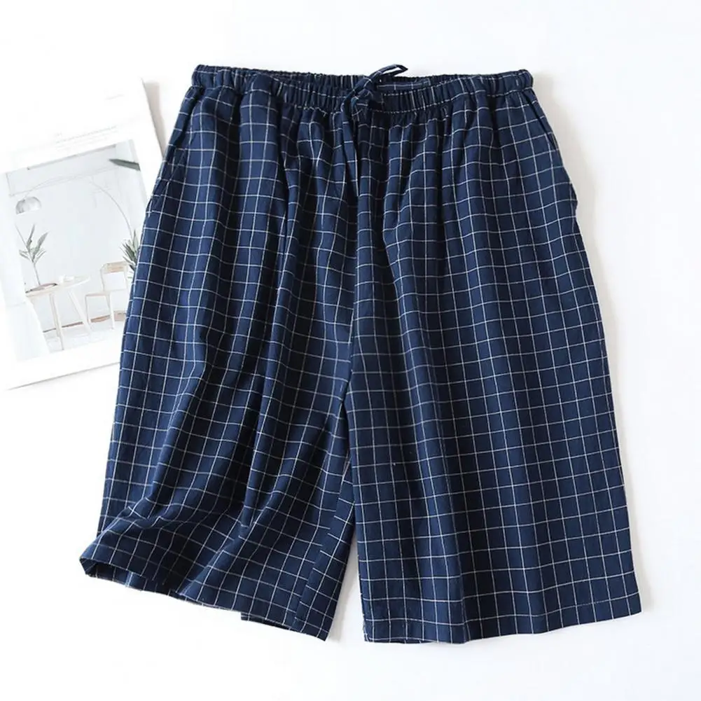 Loose Shorts Japanese Style Plaid Print Men's Summer Shorts with Drawstring Elastic Waist Side Pockets for Homewear Pajamas Men