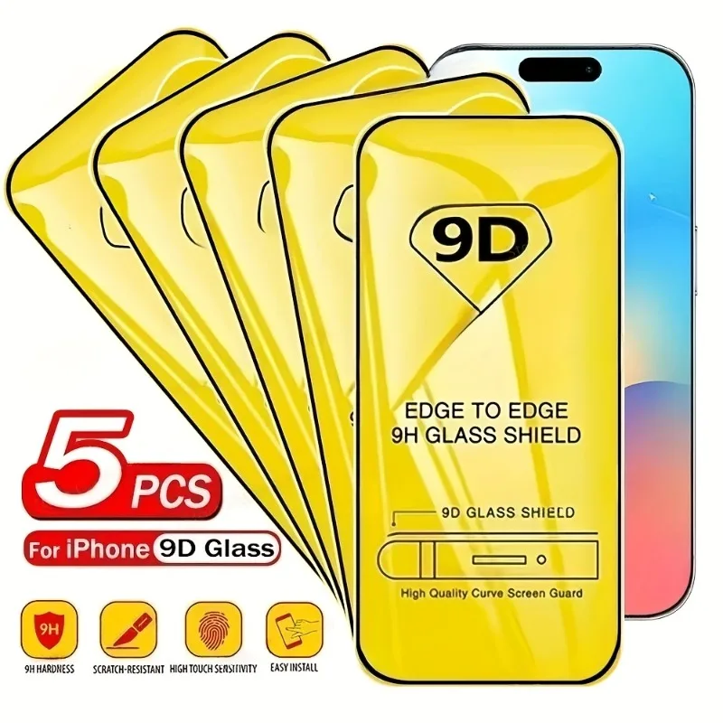 5Pcs 9D Glass Screen Protector Compatible With iPhone 17 16 16e 15 14 Plus 13 12 Mini 11 Pro XS Max XR Air 17 16 Pro Max Glass