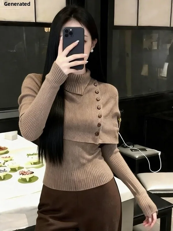 

Retro High Collar Long Sleeve Knitted Sweater Women's Spring Style Elegant Slimming Top Casual Luxury Fashion Ladies' Clothes